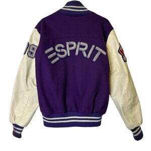 Vintage 90s Esprit Wool Letterman Jacket Size L Varsity Bomber Purple Canada